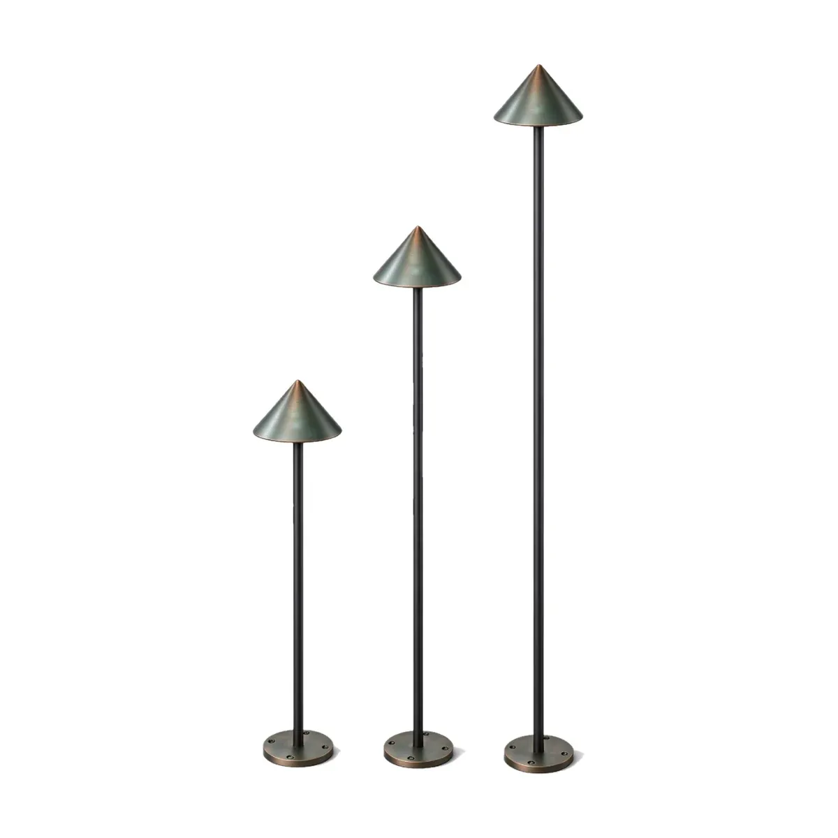 Stainless steel lawn light with cone head at 40, 60 and 80 cm heights on base plates, IP65 24V 6W - NoorArch outdoor lighting