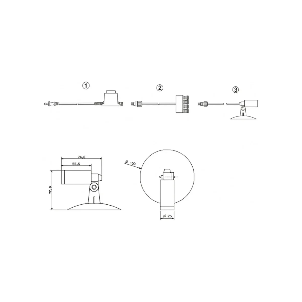 Dimension drawing of the garden spotlight head and mounting with mm callouts and part numbers 1-4 - NoorArch outdoor lighting