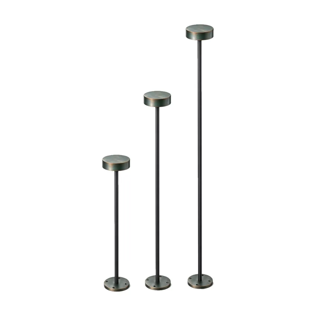 Stainless steel lawn light with flat disc head at 40, 60 and 80 cm on base plates, minimalist garden path light - NoorArch outdoor lighting