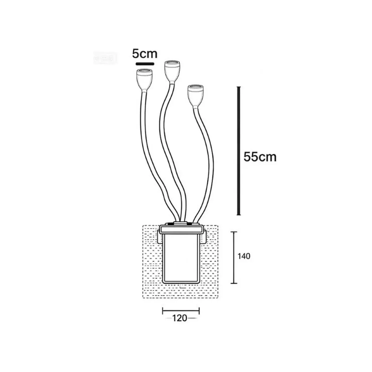 NAG-3ARM inground light dimension drawing stainless steel arm head 50 mm height 550 mm housing 120 x 140 mm - NoorArch outdoor lighting