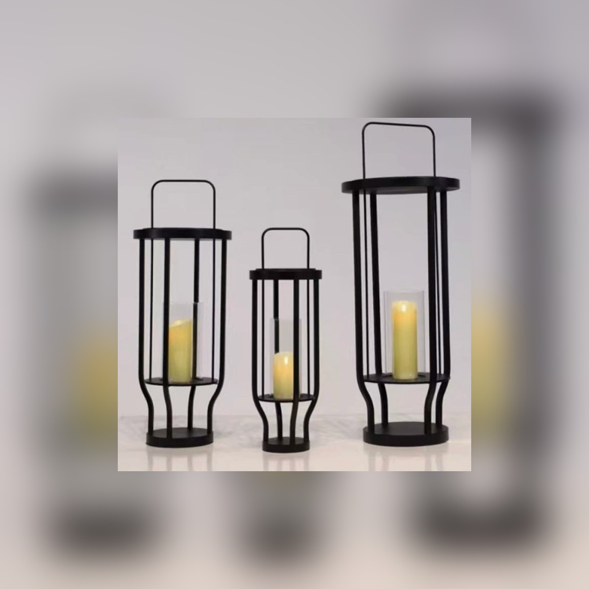 Colonnade-Flame | Modern Stainless Steel Outdoor Hurricane Lantern | Set of 3 - full display