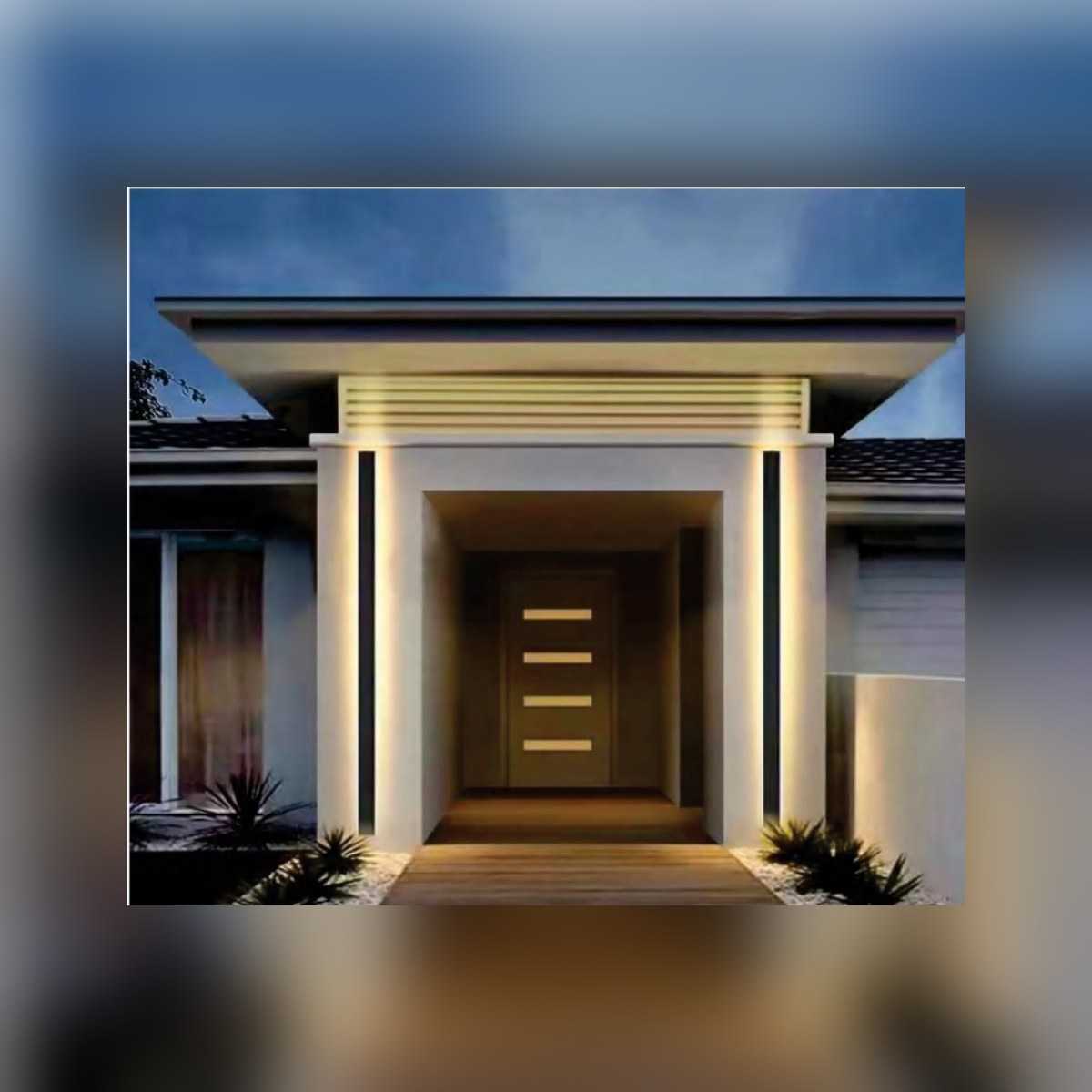 NAW-L1040 linear wall lights flanking a modern entrance at night