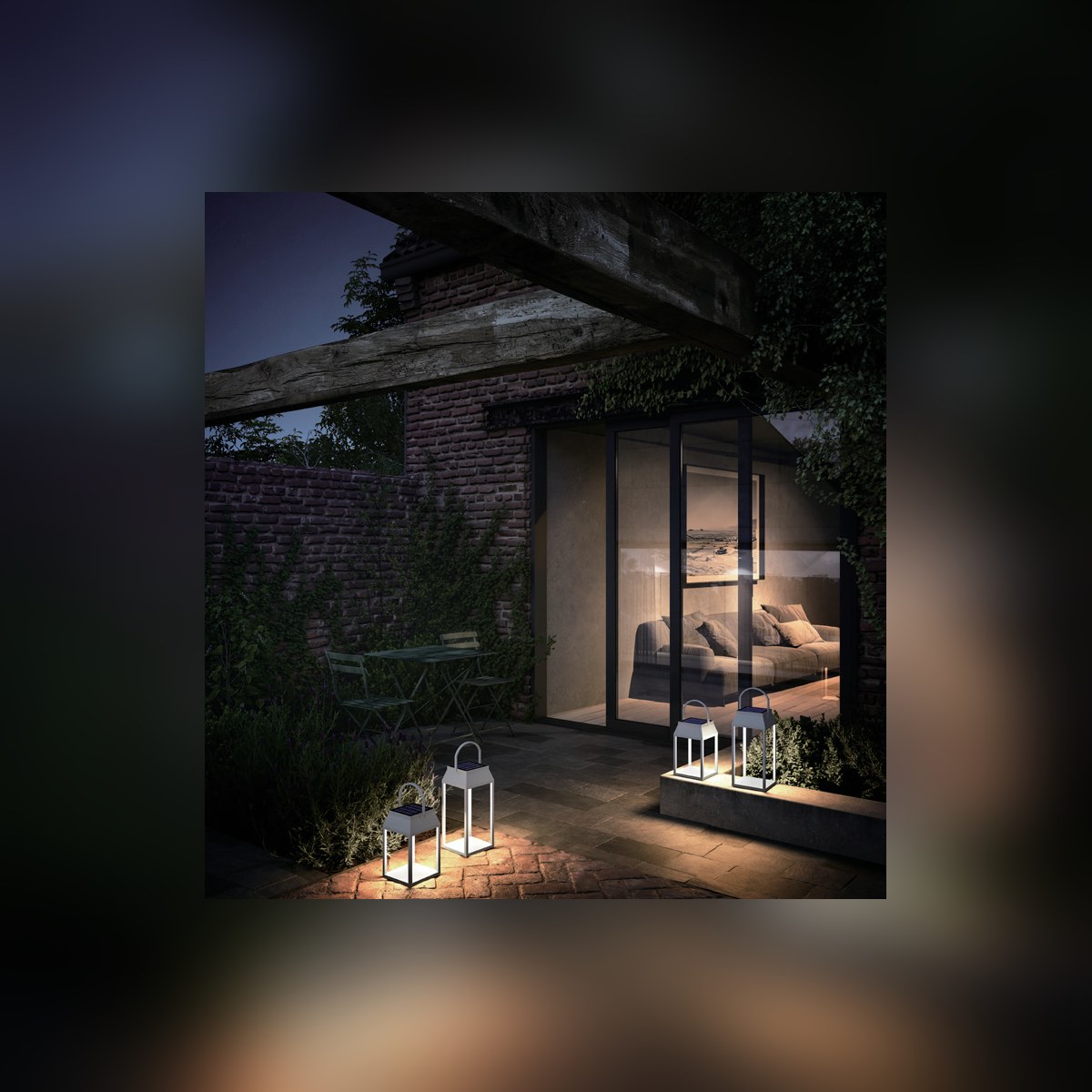 Handy Mini rechargeable lanterns in a courtyard at night