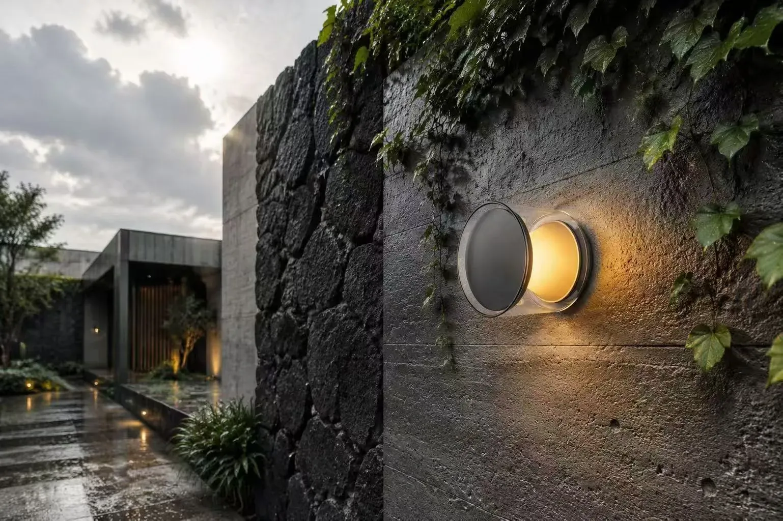 Circular outdoor wall light glowing on a stone wall at dusk - NoorArch Lighting