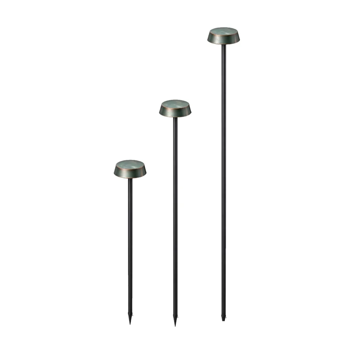 Stainless steel lawn light with sloped cap head at 40, 60 and 80 cm on ground spikes, IP65 24V - NoorArch outdoor lighting