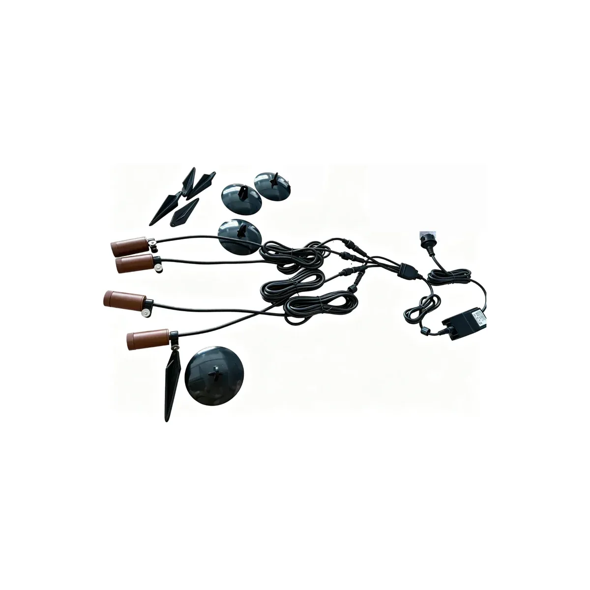 4-piece 12W garden spotlight kit with ground stakes, base stands, waterproof transformer and one-to-four connector, 3000K warm white - NoorArch outdoor lighting