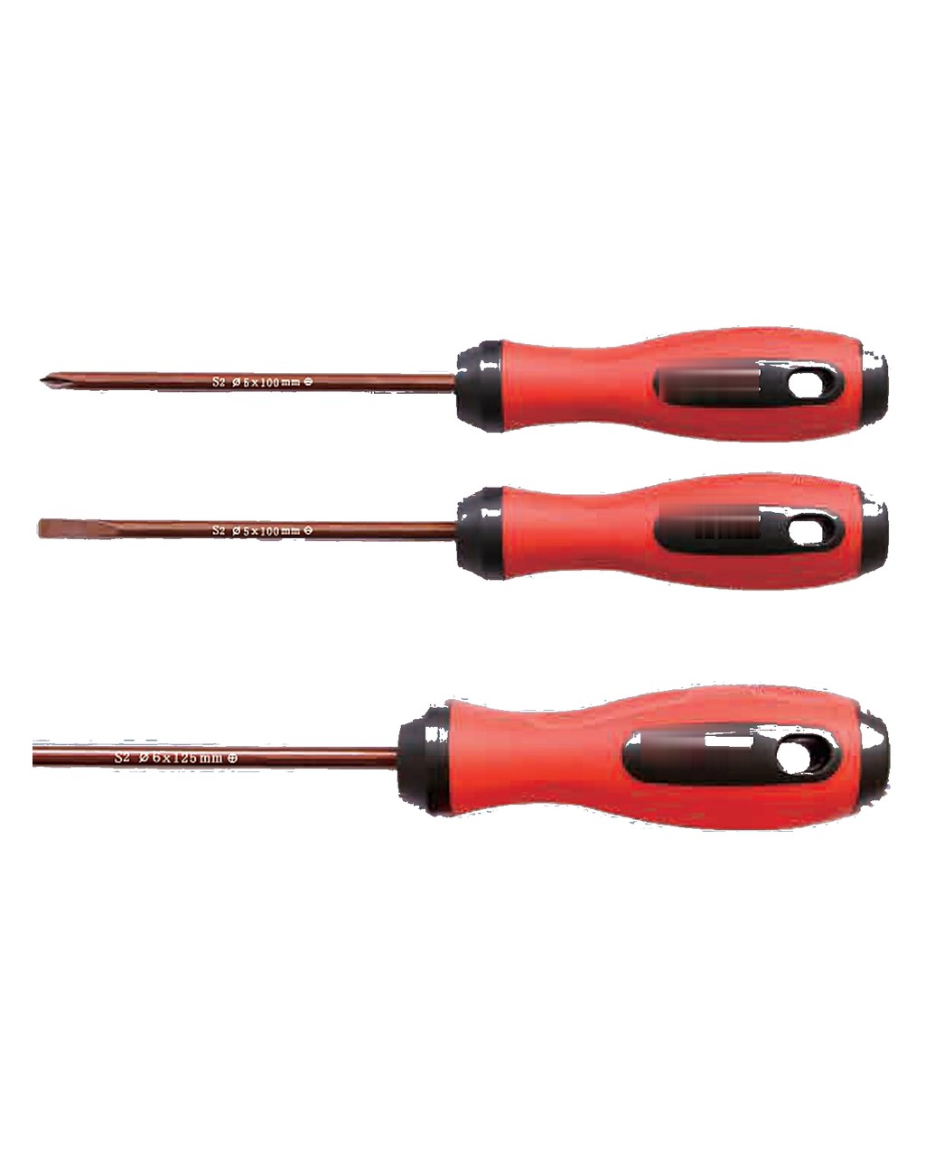 Three S2 tool steel screwdrivers with red and black handles on a white background