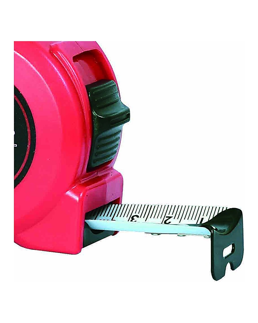 Red steel measuring tape with black lock button and end hook on a white background