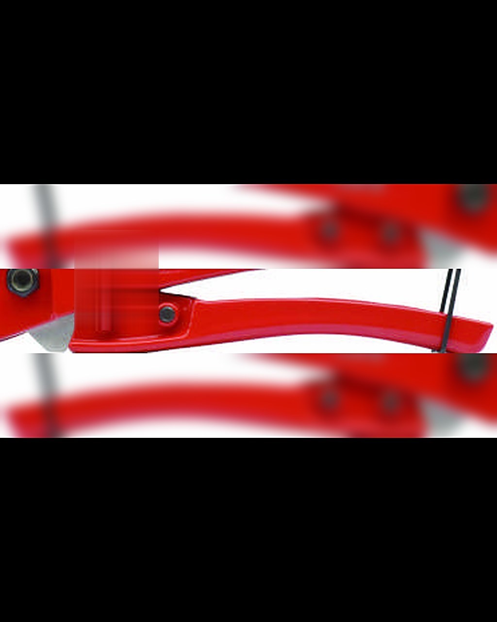 Red scissor-style PVC pipe cutter, grip and jaws view