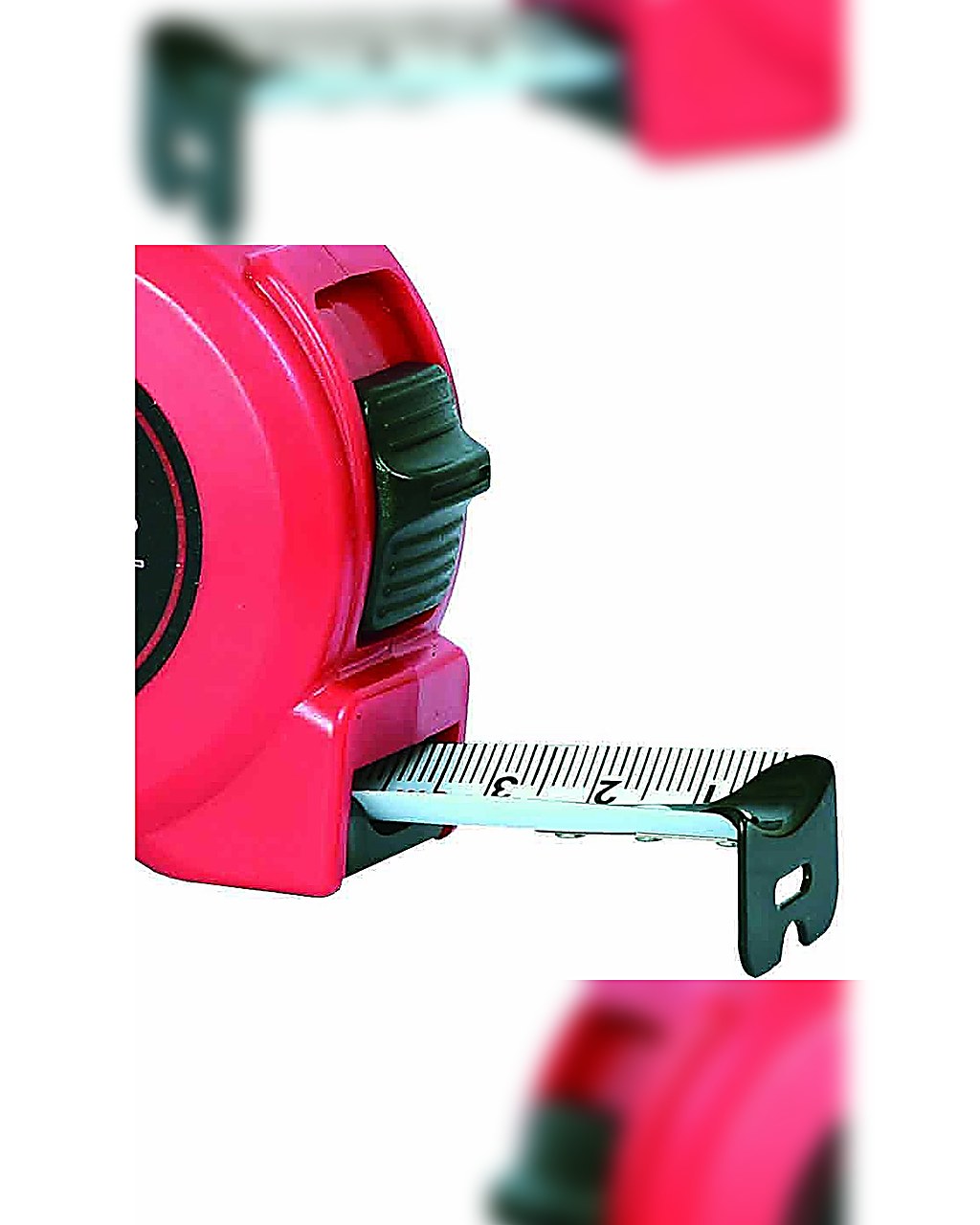 Red steel measuring tape with box, side view