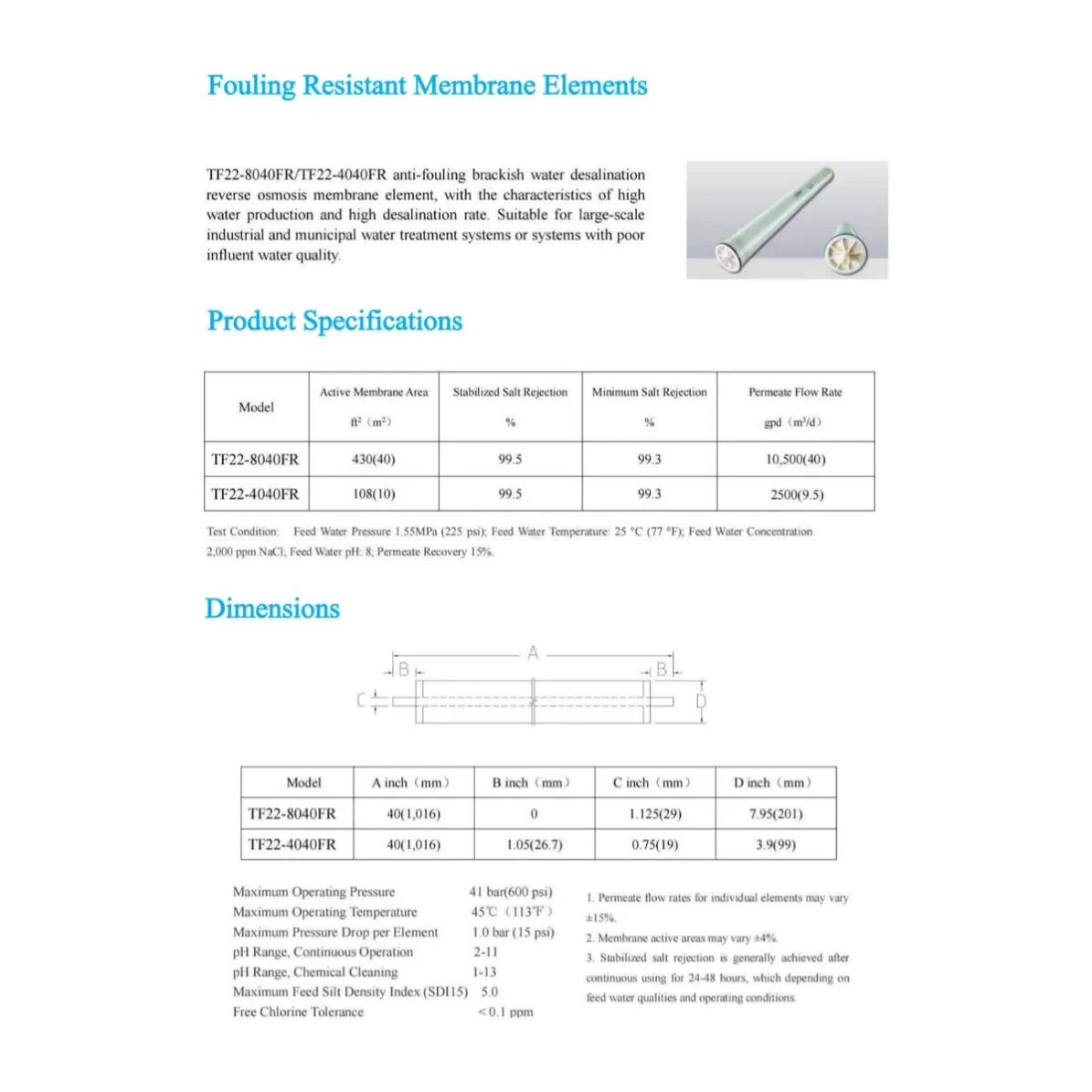 Fouling-resistant RO membrane elements TF22-8040FR and TF22-4040FR