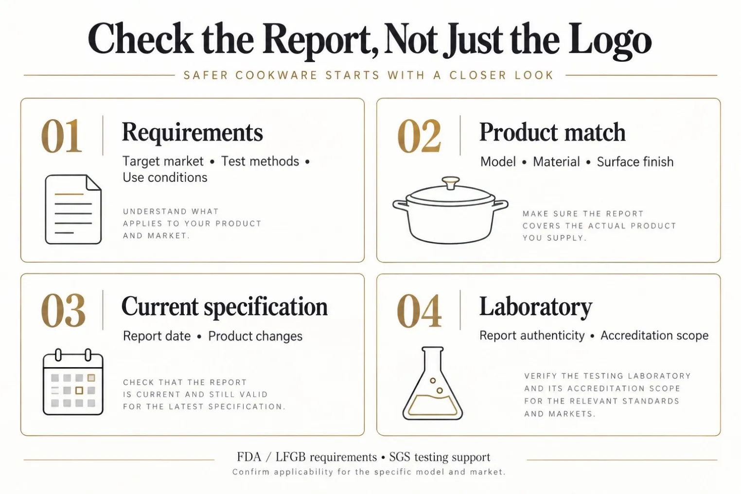 Four checks for cookware test reports: requirements, product match, current specification and laboratory