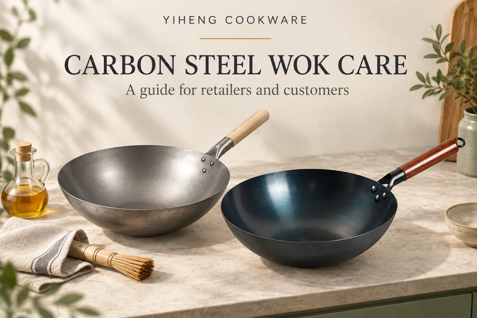 Natural carbon steel wok with oil and cleaning supplies for first-use care.