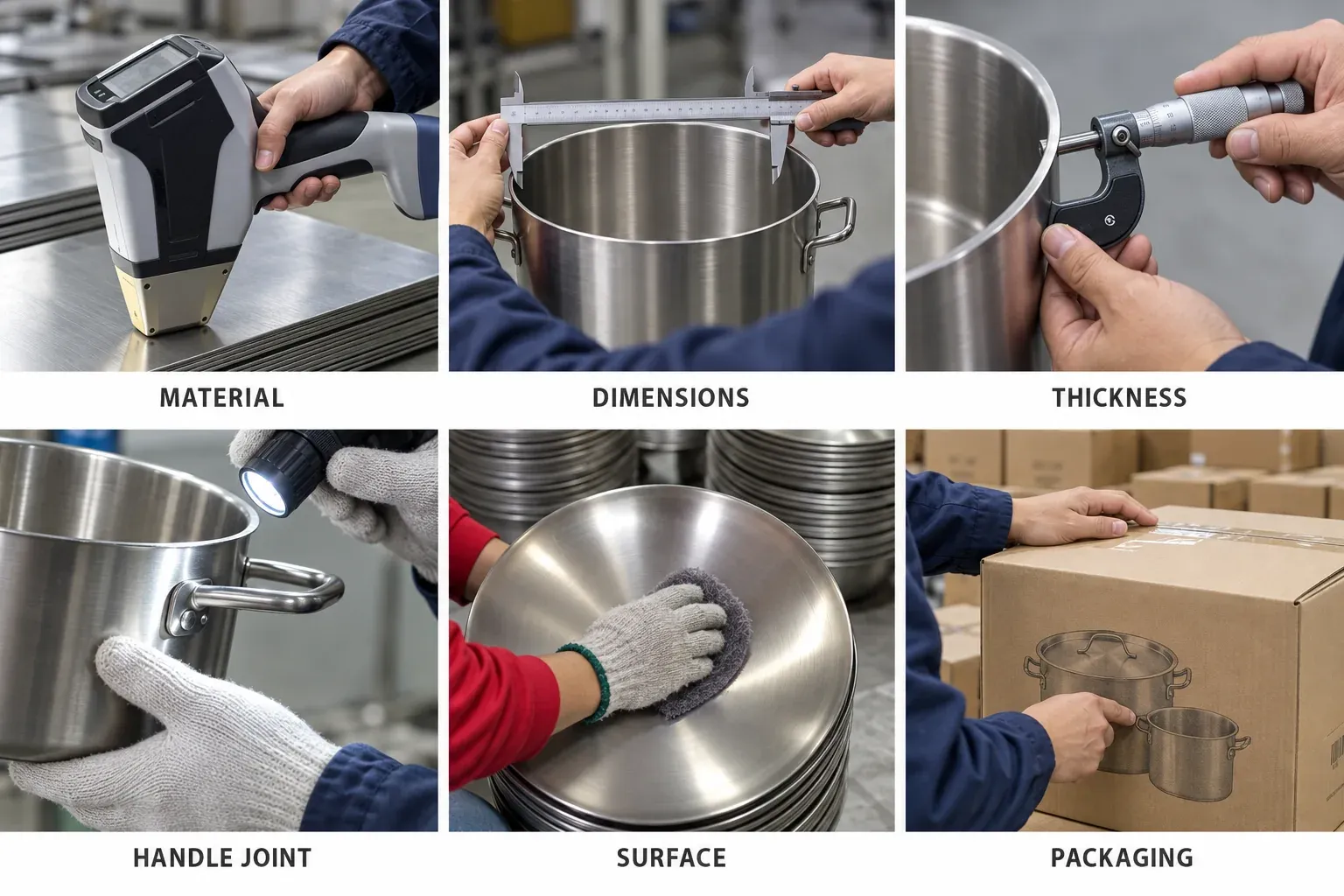 Cookware quality checks for material, dimensions, thickness, handles, surface and packaging