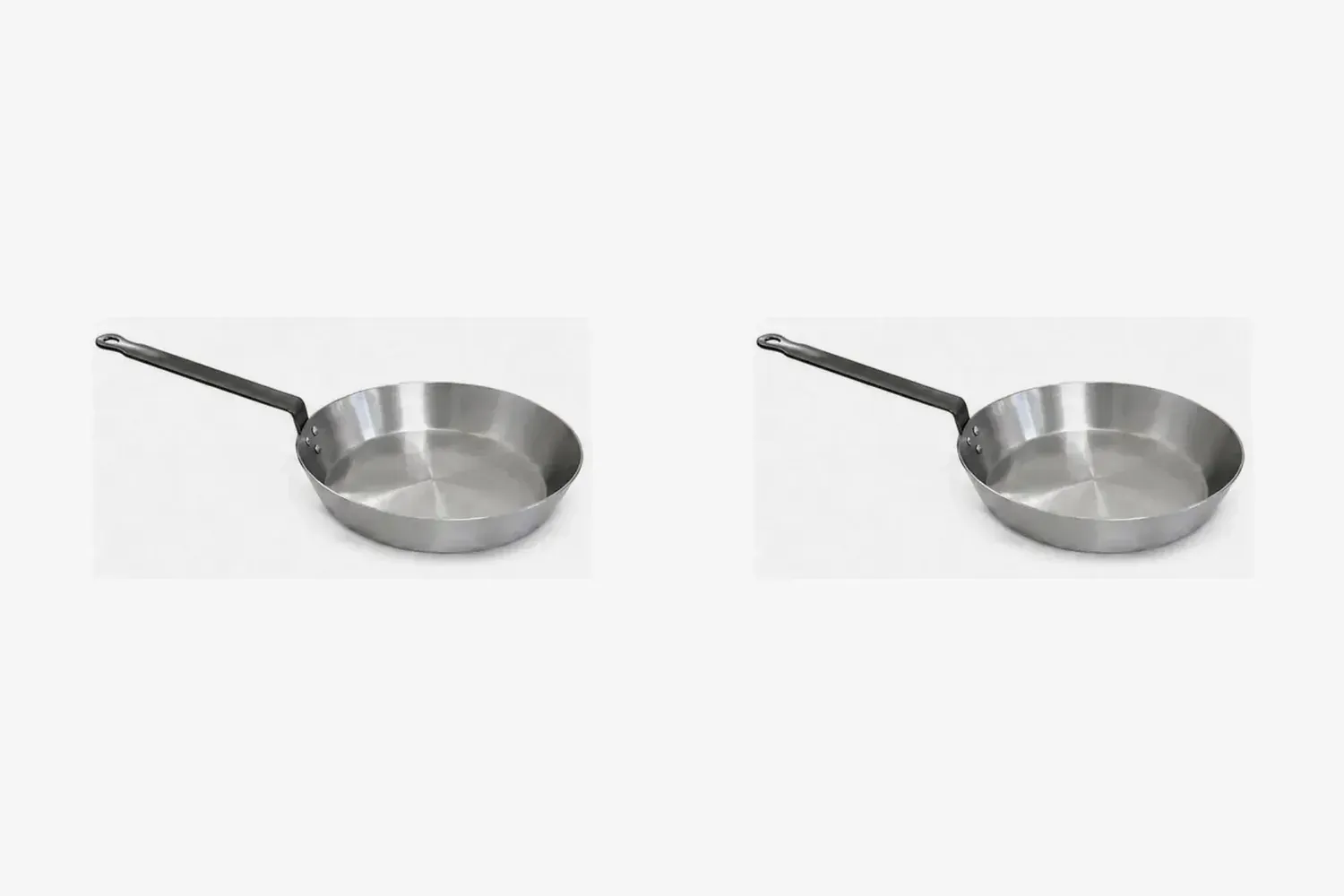 Product reference photographs of the YH-CFP-014 (14 cm) and YH-CFP-036 (36 cm) carbon steel fry pans side by side on a white background.