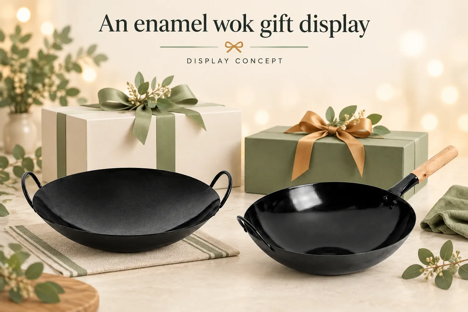 Two glossy black enamel woks with gift boxes in a retail display concept.