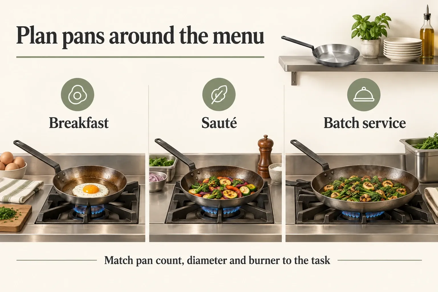 Carbon steel frying pans organized for breakfast, sauté and batch-service stations.