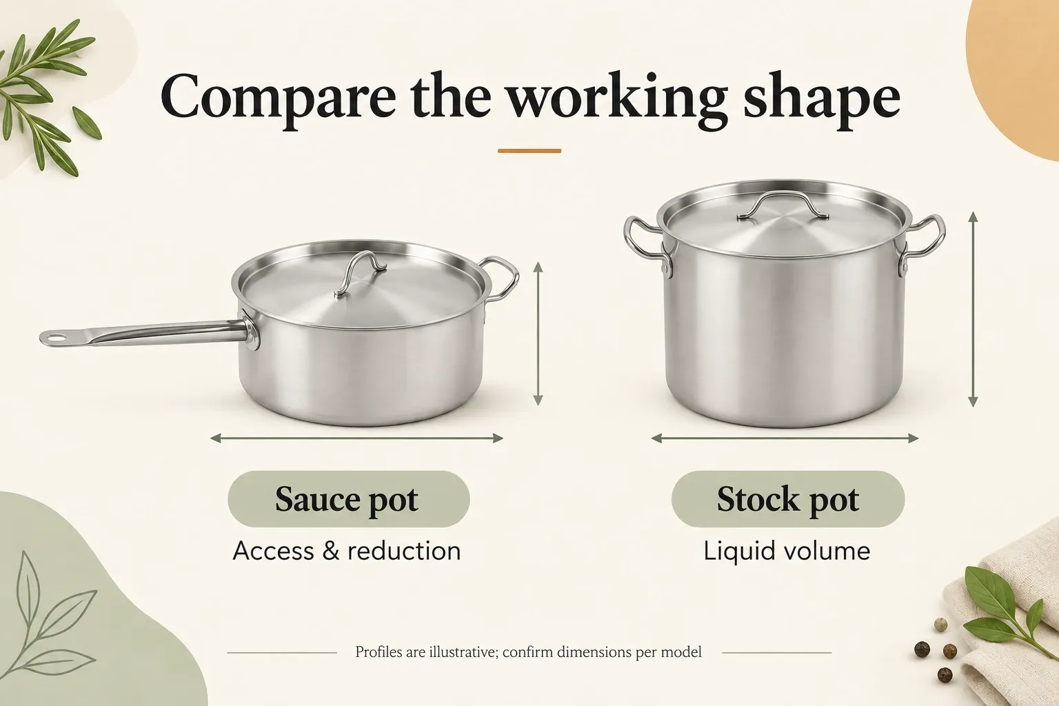 Profile comparison of a wide stainless sauce pot and a tall stock pot.