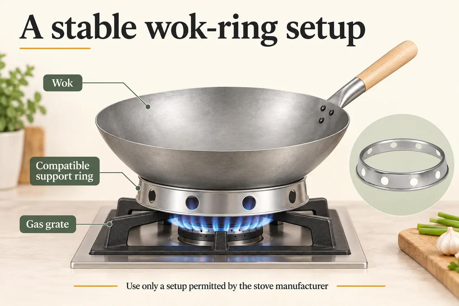 Silver carbon steel wok resting on a ventilated support ring over a gas stove grate.