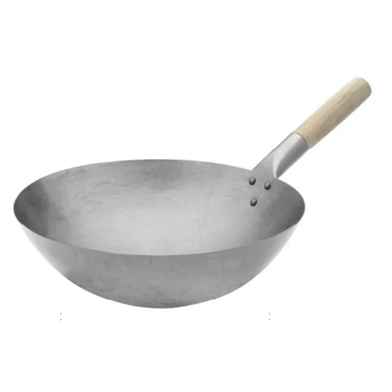 YH-CSW-102 natural-finish handmade carbon steel wok with a pale wooden handle