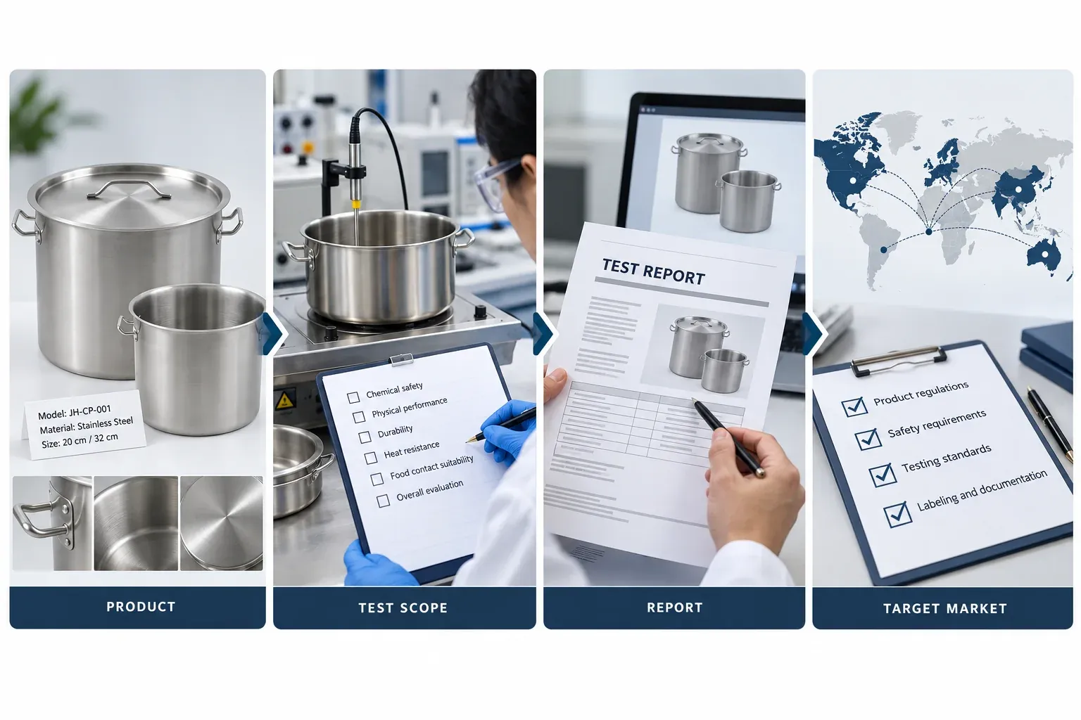 Cookware product testing scope, test report and target-market documentation workflow