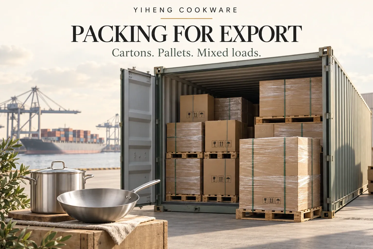 Protected cookware, cartons and pallets illustrating export packing.