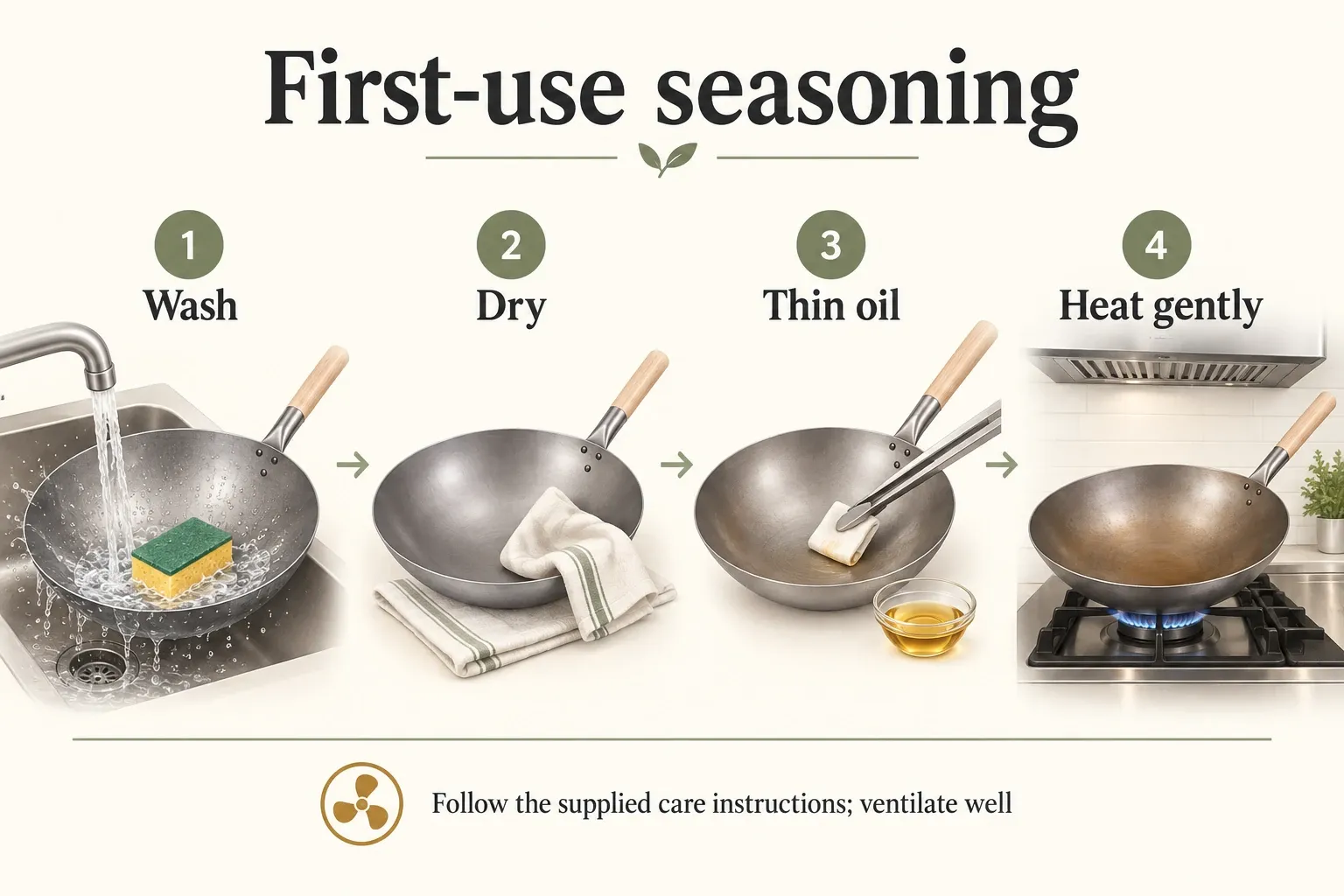 Four-step illustration showing washing, drying, thin oil application and gentle heating of a carbon steel wok.