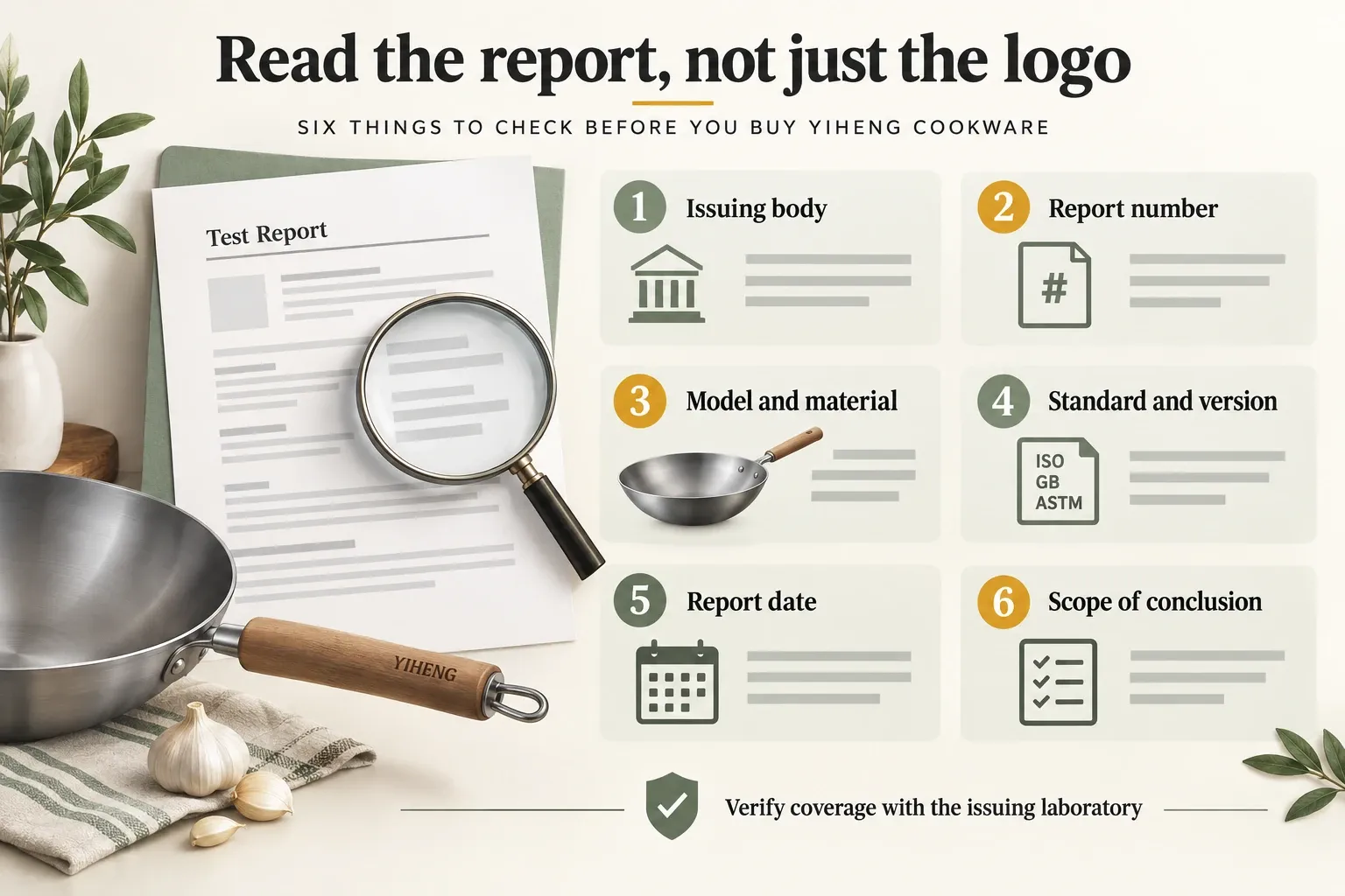 Six generic report fields to check when reviewing cookware testing documentation.