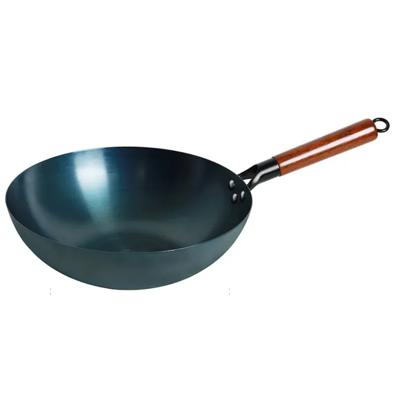 YH-CSW-302 pre-seasoned carbon steel wok with a reddish-brown wooden handle
