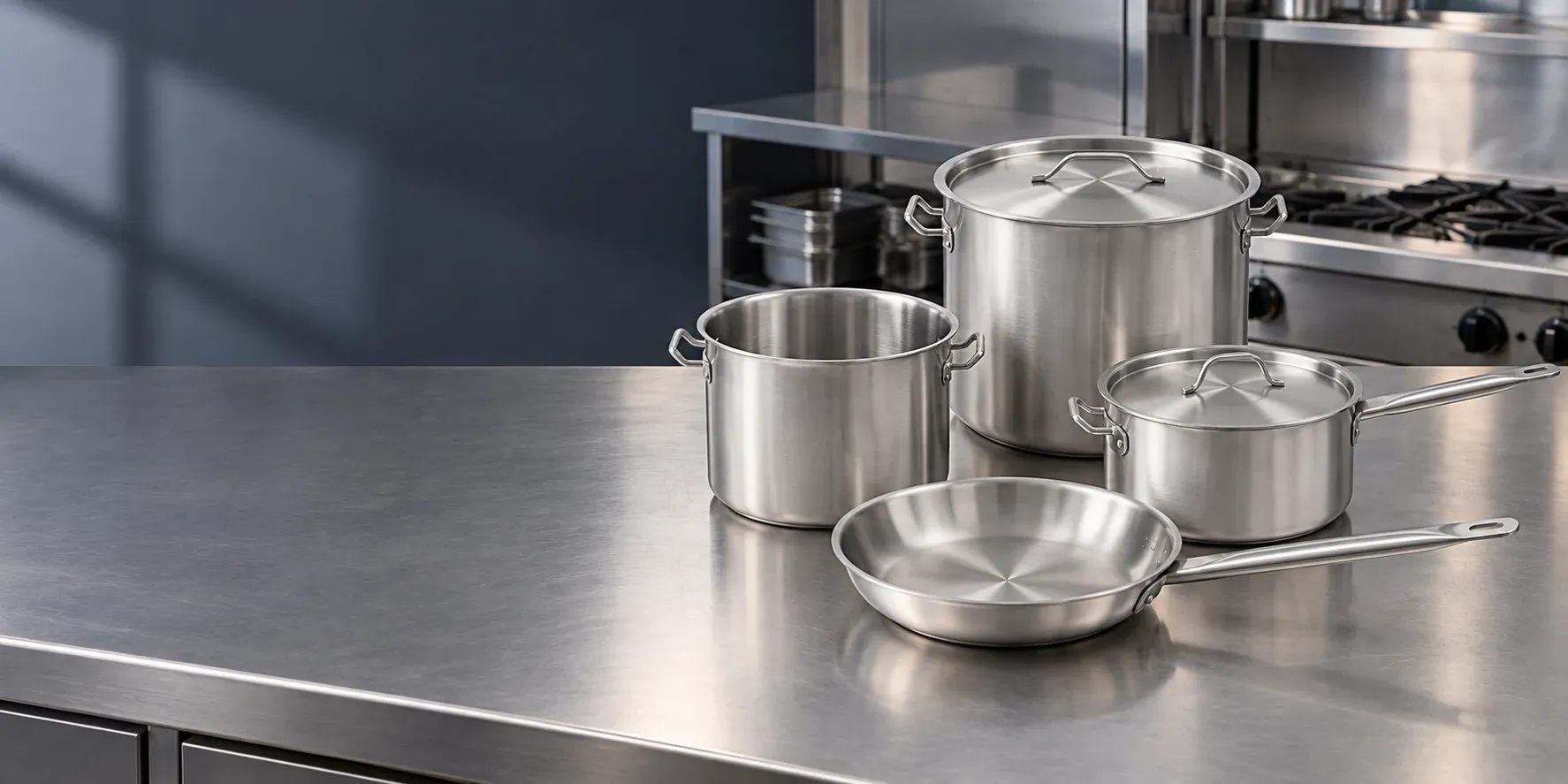 Commercial stainless steel stockpots, saucepan and frying pan in a professional kitchen