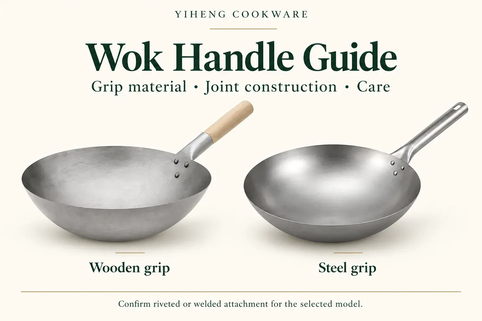 Wooden-grip and steel-handle carbon steel woks in a reference-based editorial composition