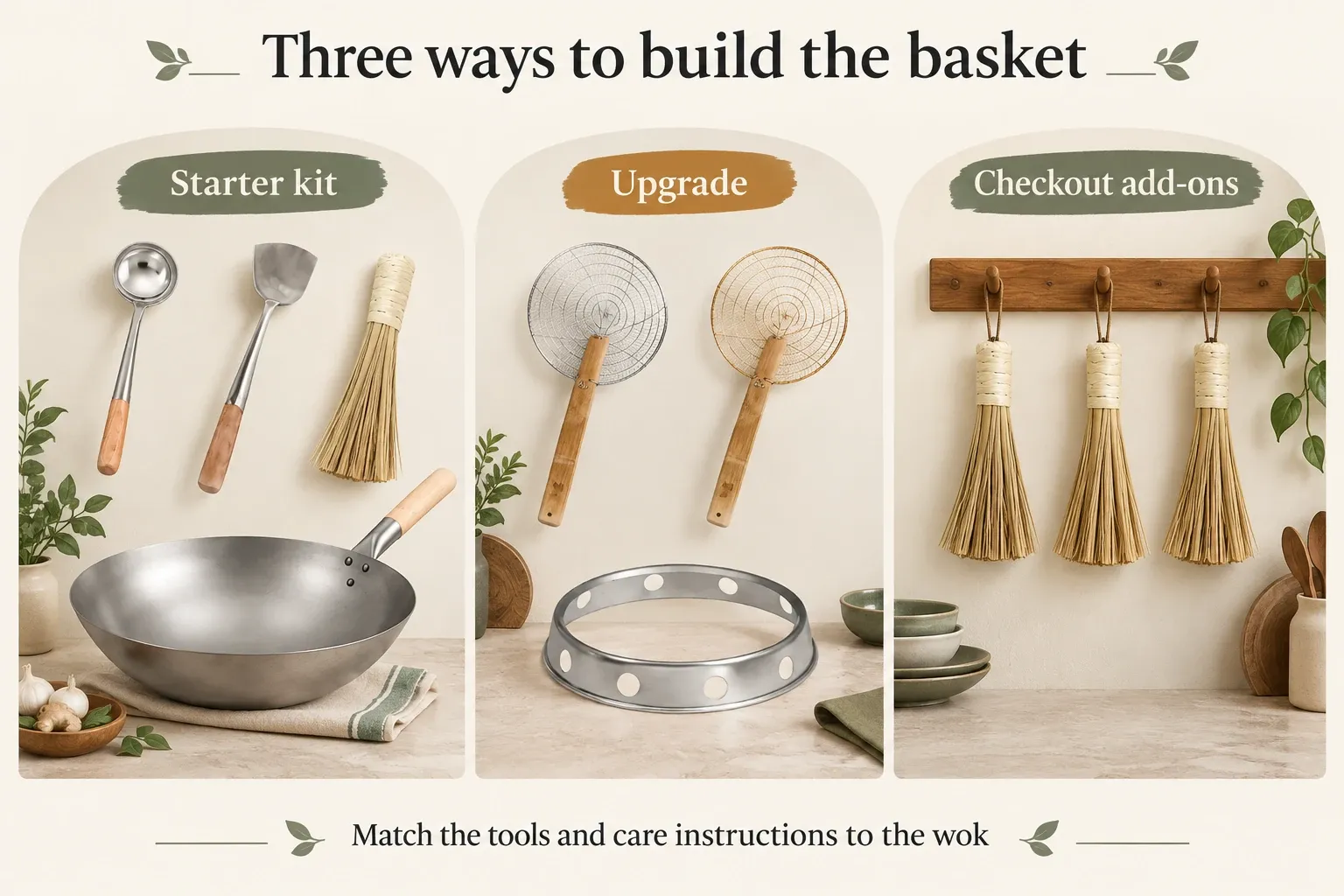 Three retail accessory bundle displays around a wok.