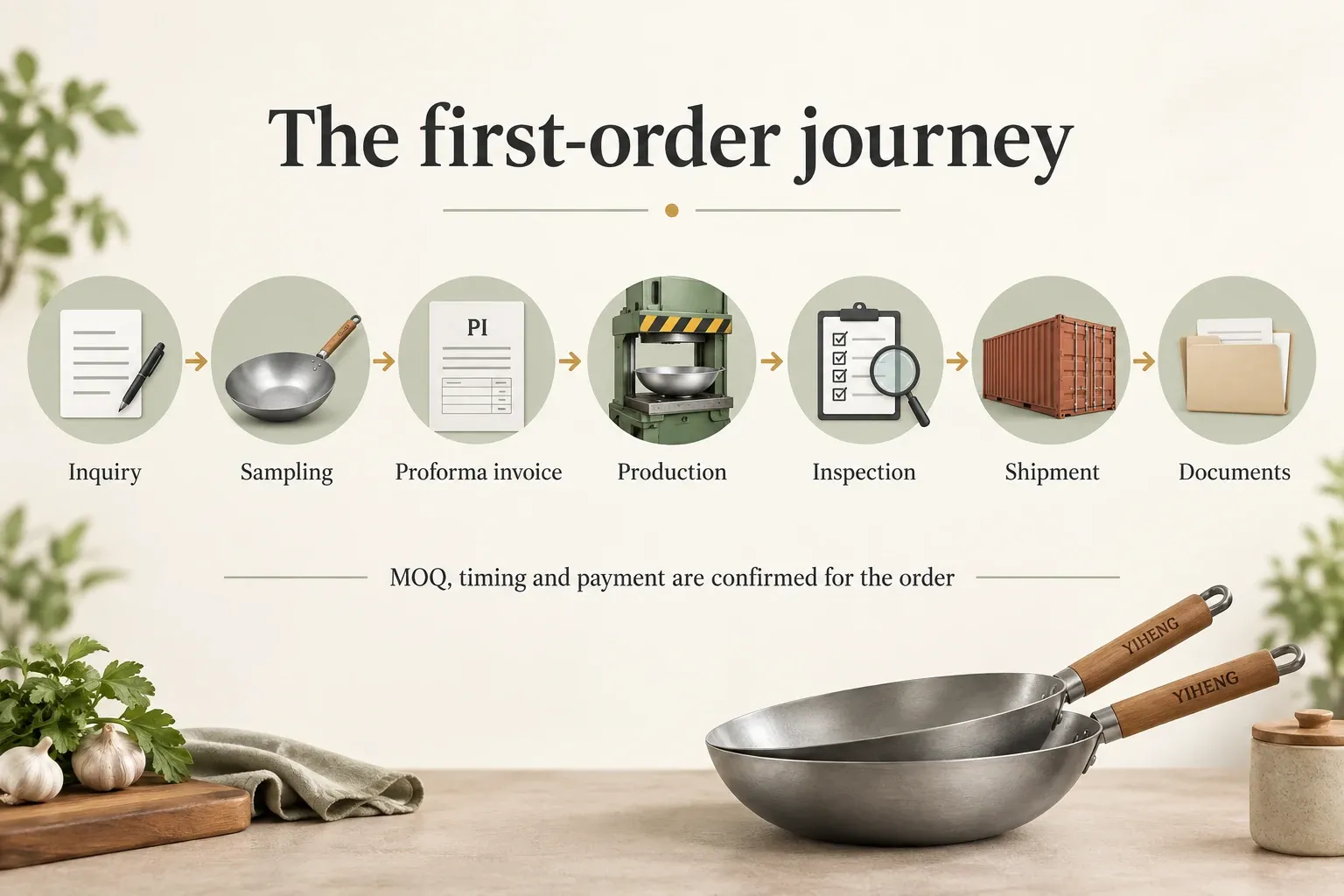 Seven stages from cookware inquiry and sampling to shipment and documents.