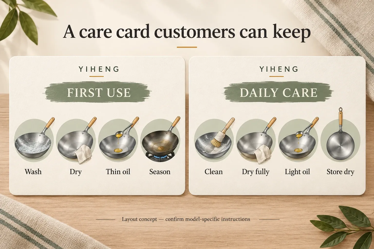 Illustrative carbon steel wok care card layout for first use and daily care.