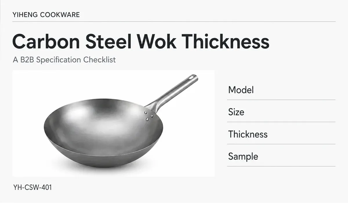 YIHENG YH-CSW-401 steel-handle carbon steel wok beside a B2B specification checklist