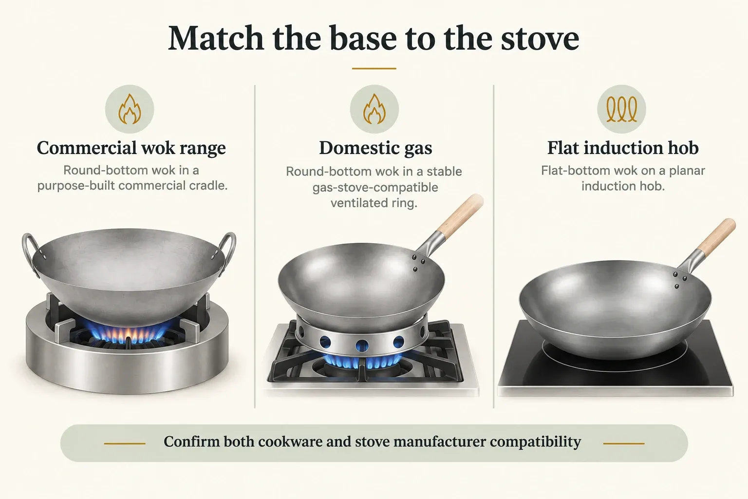 Round-bottom and flat-bottom wok diagrams with gas and flat cooking surfaces.