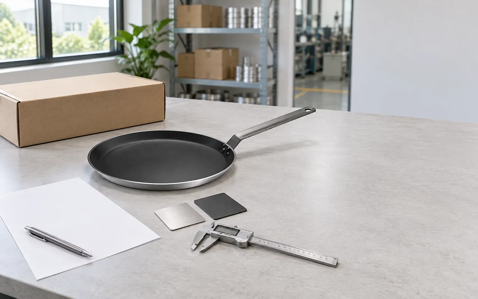 Aluminum crepe pan sample with specification sheet and caliper for a cookware inquiry