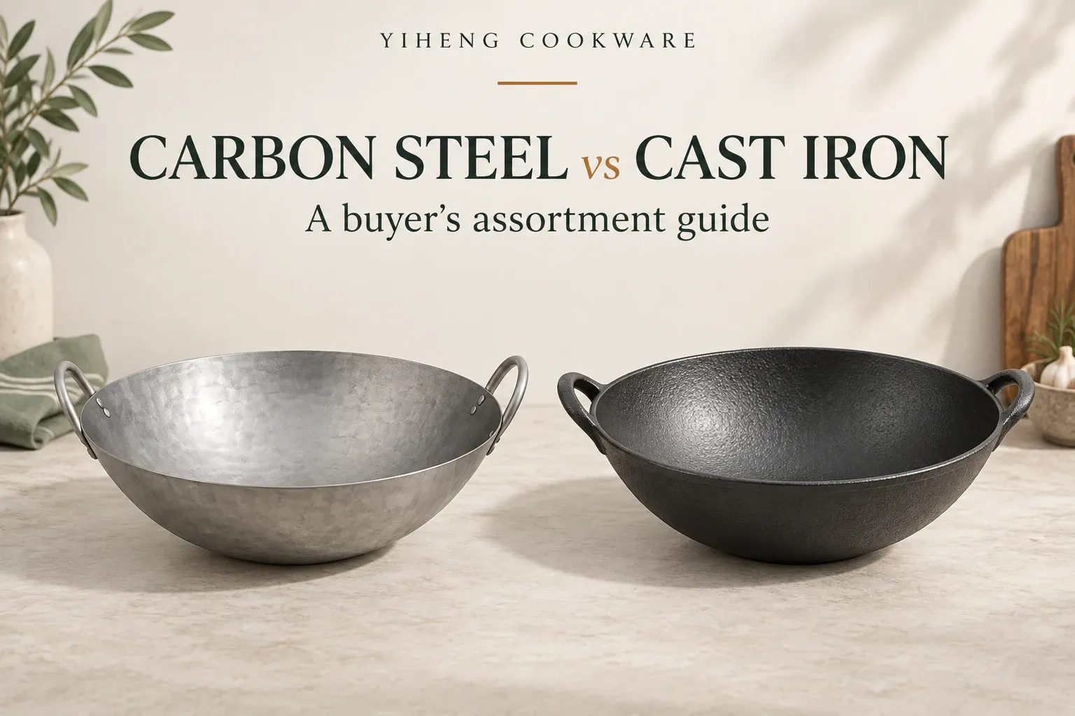 Thin natural carbon steel wok beside a thicker matte black cast iron wok.