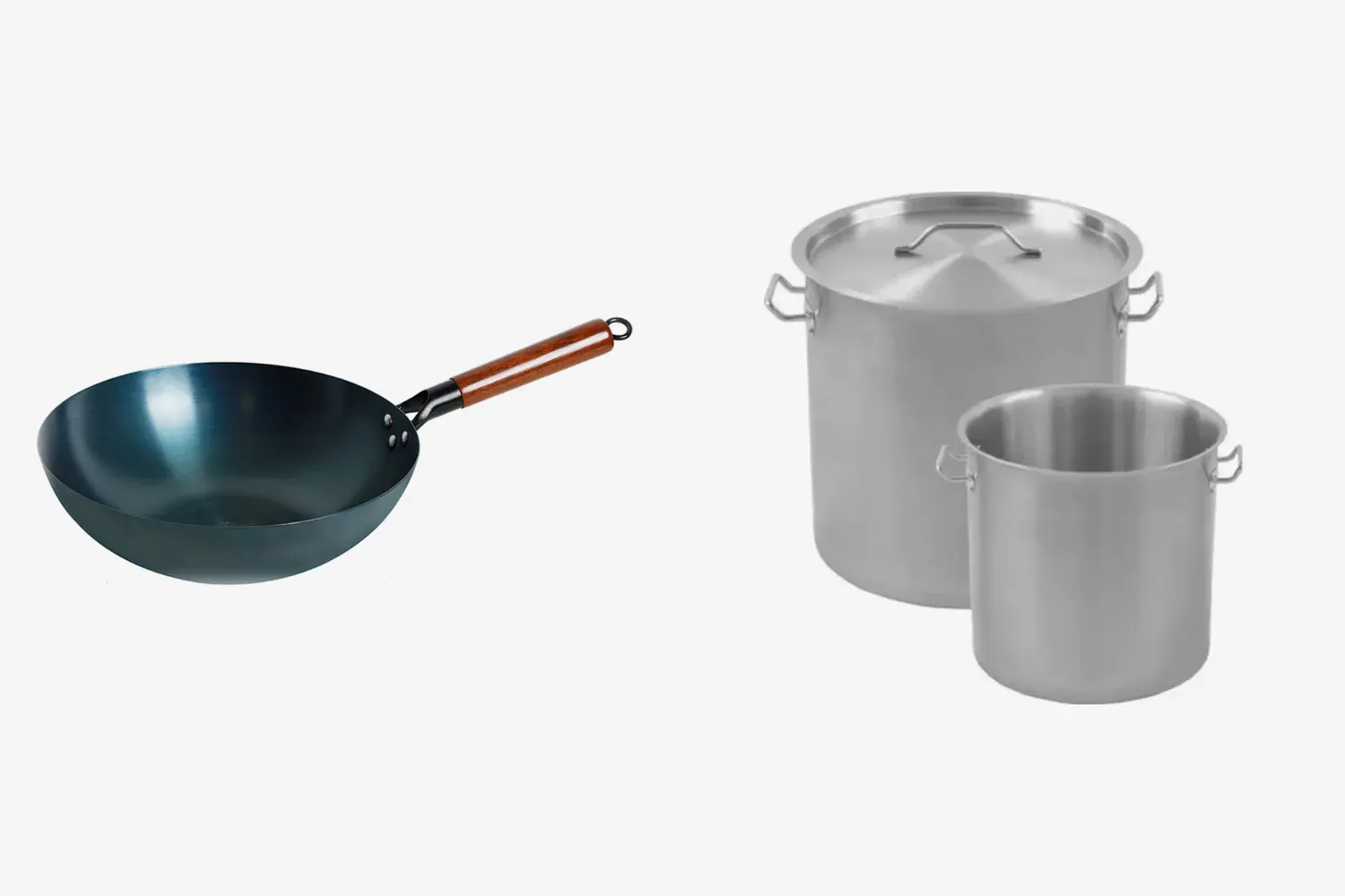 Product reference photographs: YH-CSW-302 pre-seasoned carbon steel wok and YH-SSP-101 commercial tall stock pot with compound bottom.