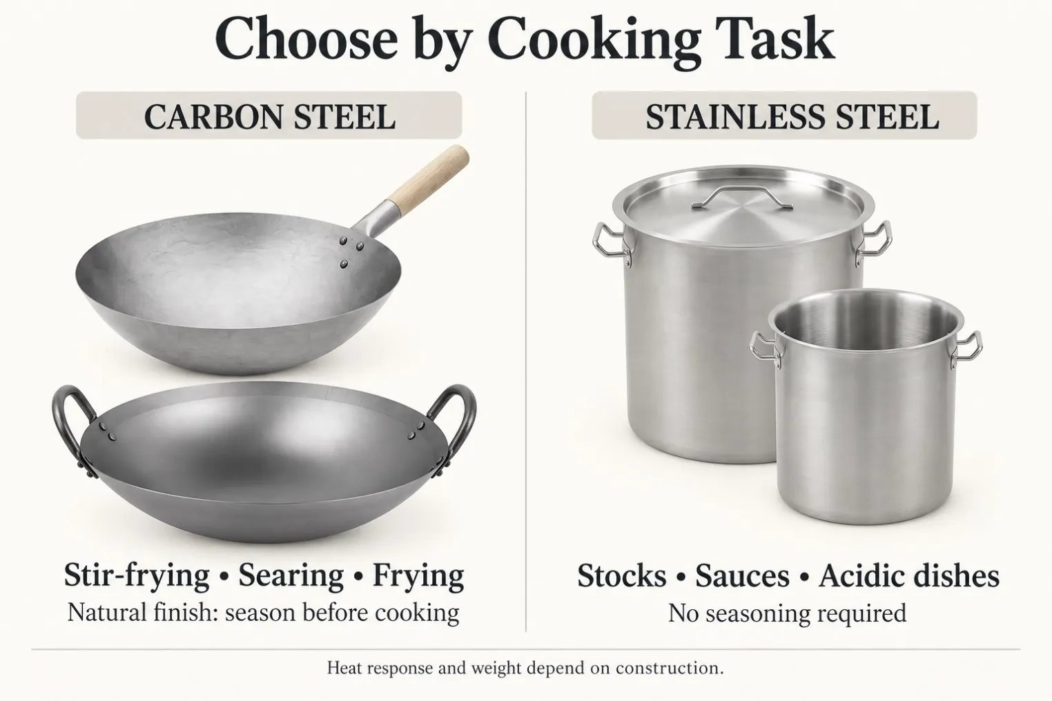 Cooking-task comparison of carbon steel woks and stainless steel stockpots