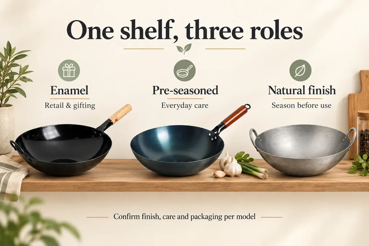 Retail shelf concept comparing enamel, pre-seasoned and natural carbon steel wok roles.
