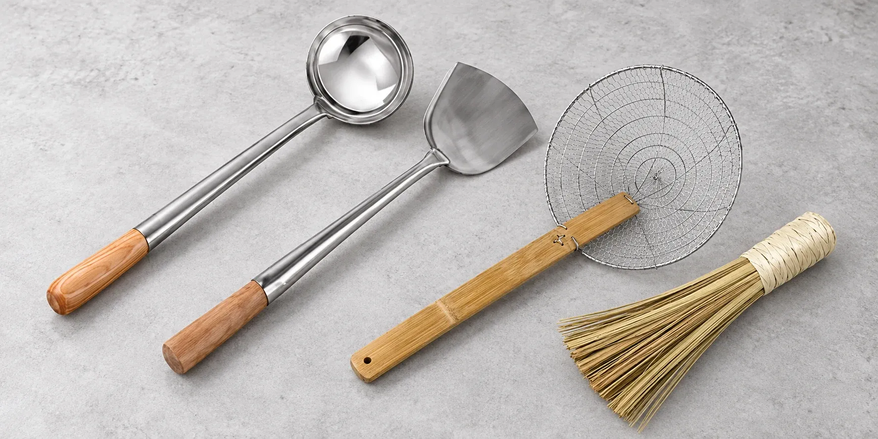 Stainless steel wok utensils, wire skimmer and bamboo wok brush