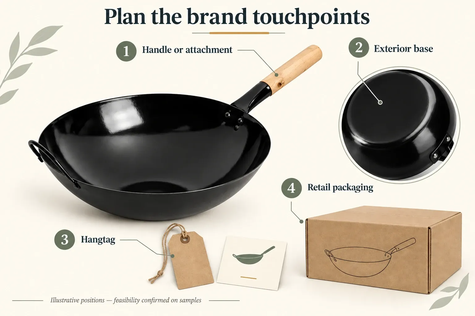 Illustrative marking positions on a wok handle, exterior base, hangtag and retail packaging.