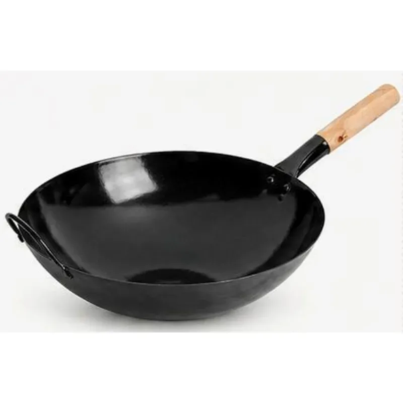 YH-CSW-501 black enamel wok with a pale wooden handle and helper handle