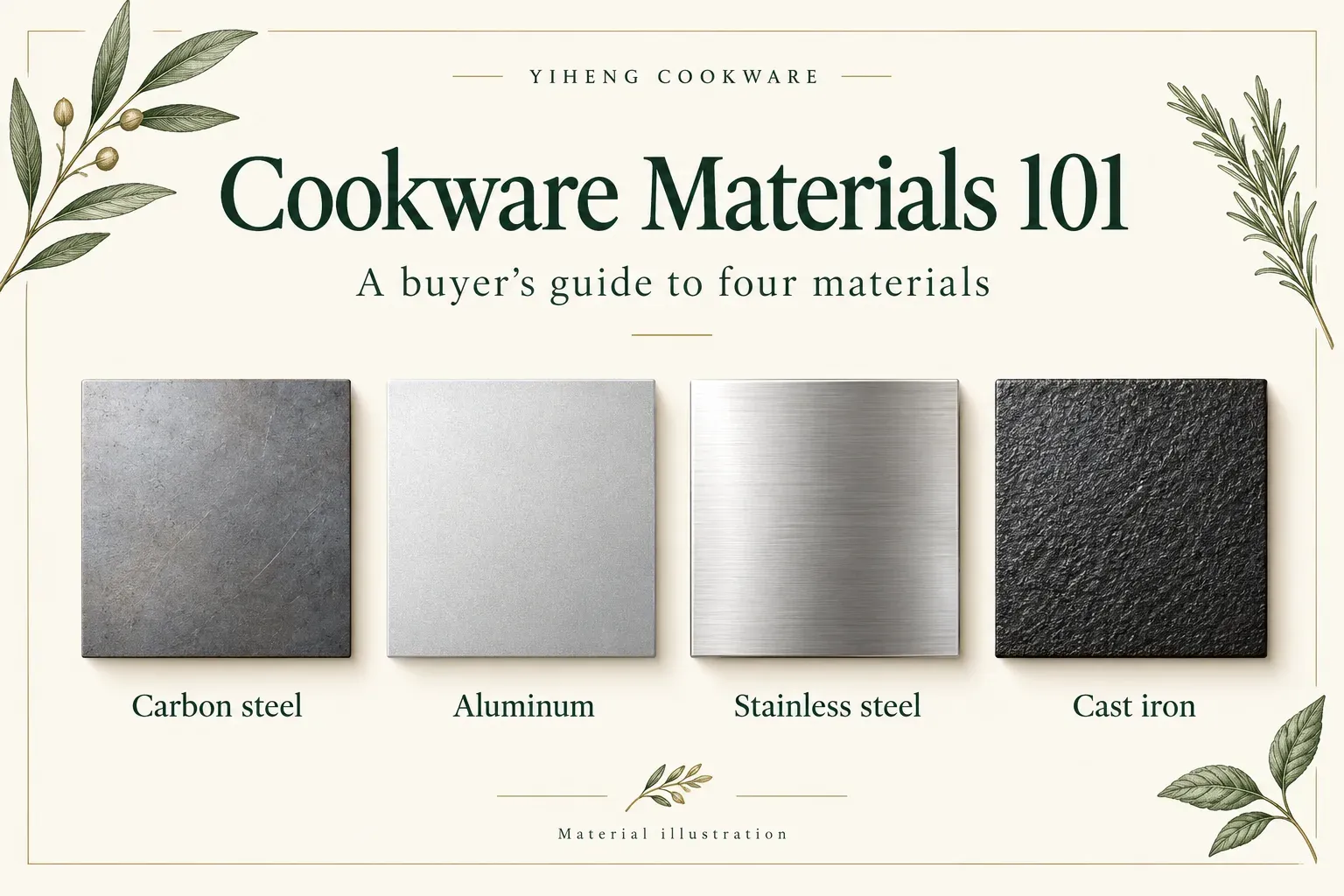 Carbon steel, aluminum, stainless steel and cast iron material comparison cover