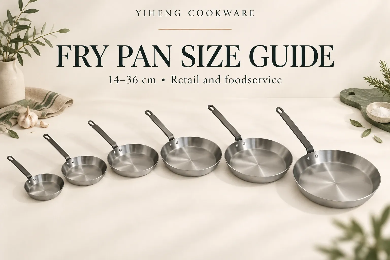 Natural carbon steel frying pans arranged by size for retail and foodservice.