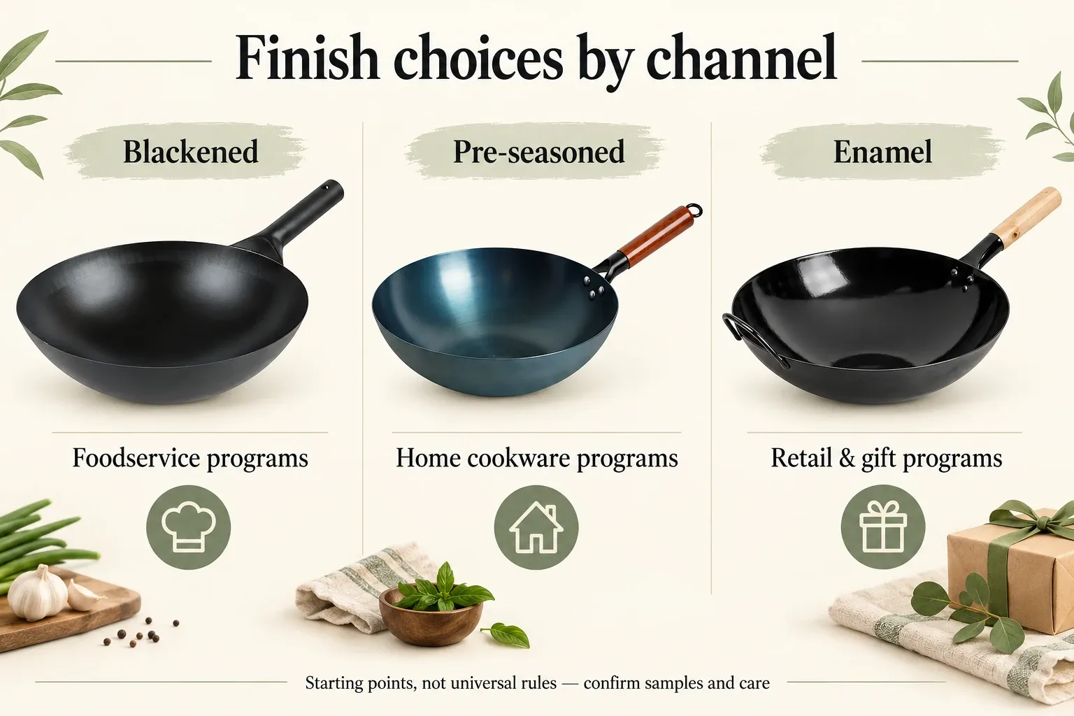 Blackened, pre-seasoned and enamel wok finishes paired with possible sales channels.
