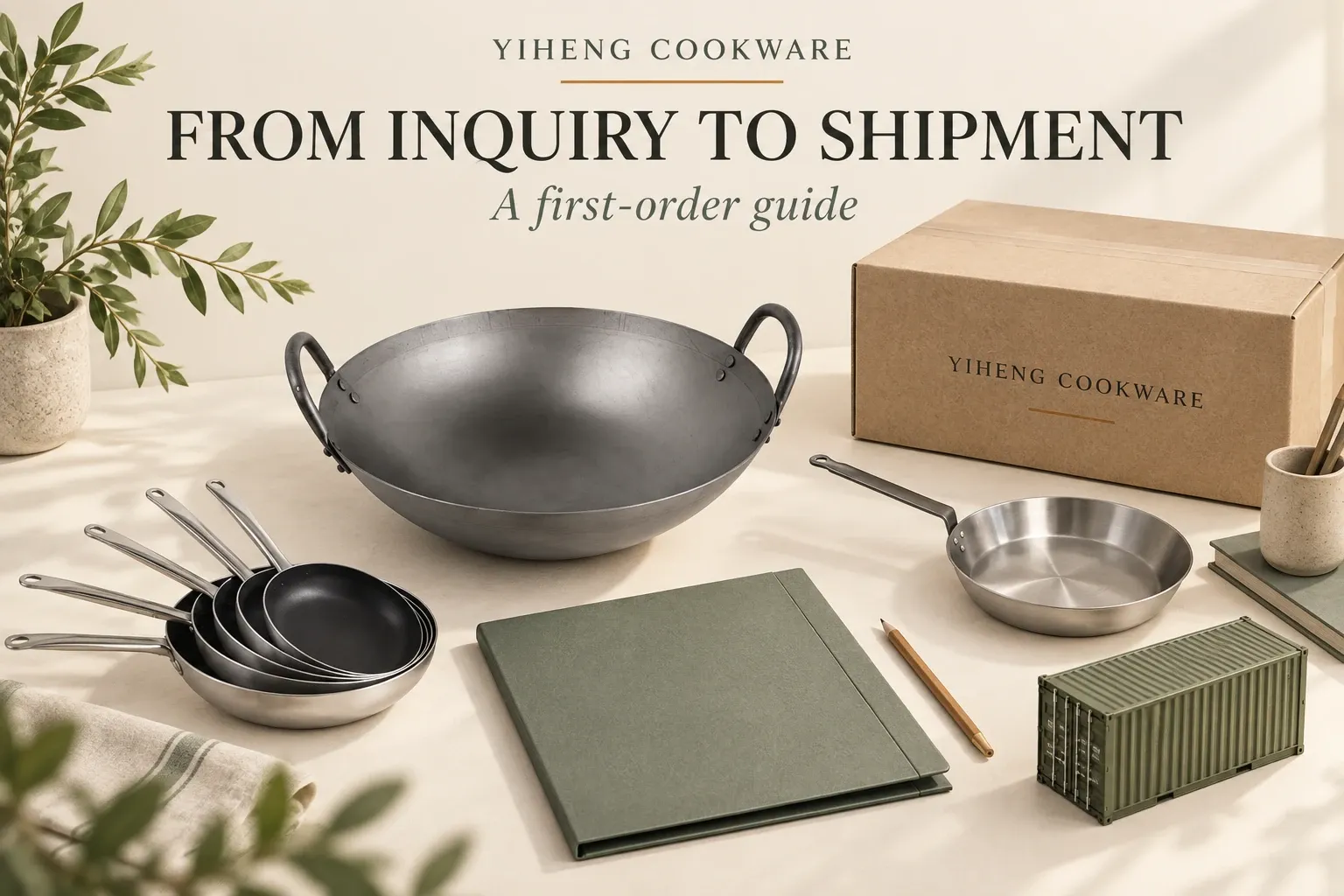 Cookware samples and order documents illustrating the first-order process.
