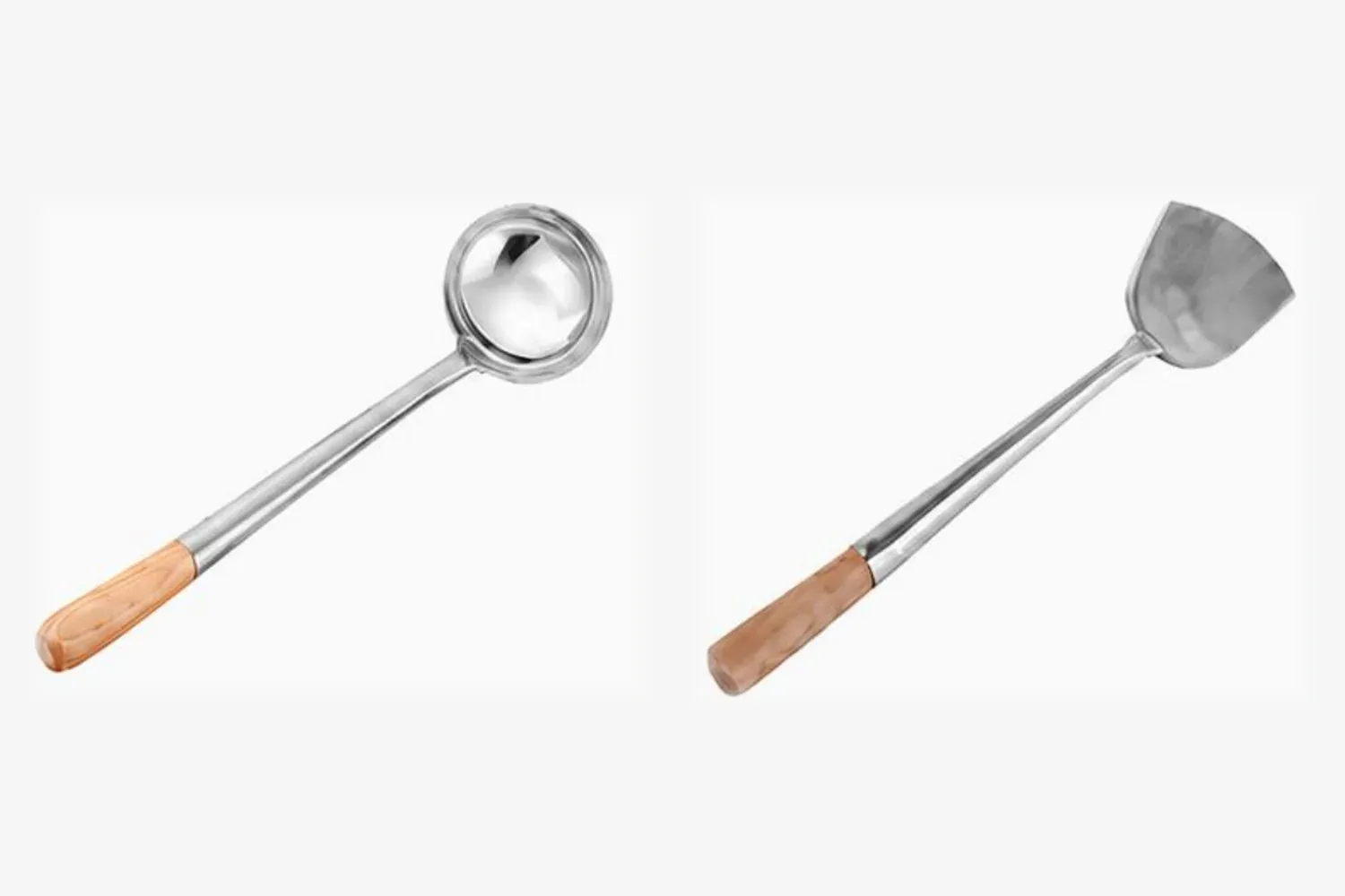 Product photographs of the YH-ACC-101 wok ladle and YH-ACC-102 wok turner, both with wooden handles, side by side on a white background.
