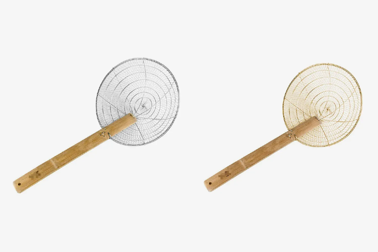 Product photographs of the YH-ACC-105 stainless steel wire skimmer and the YH-ACC-106 copper wire skimmer, both with bamboo handles.
